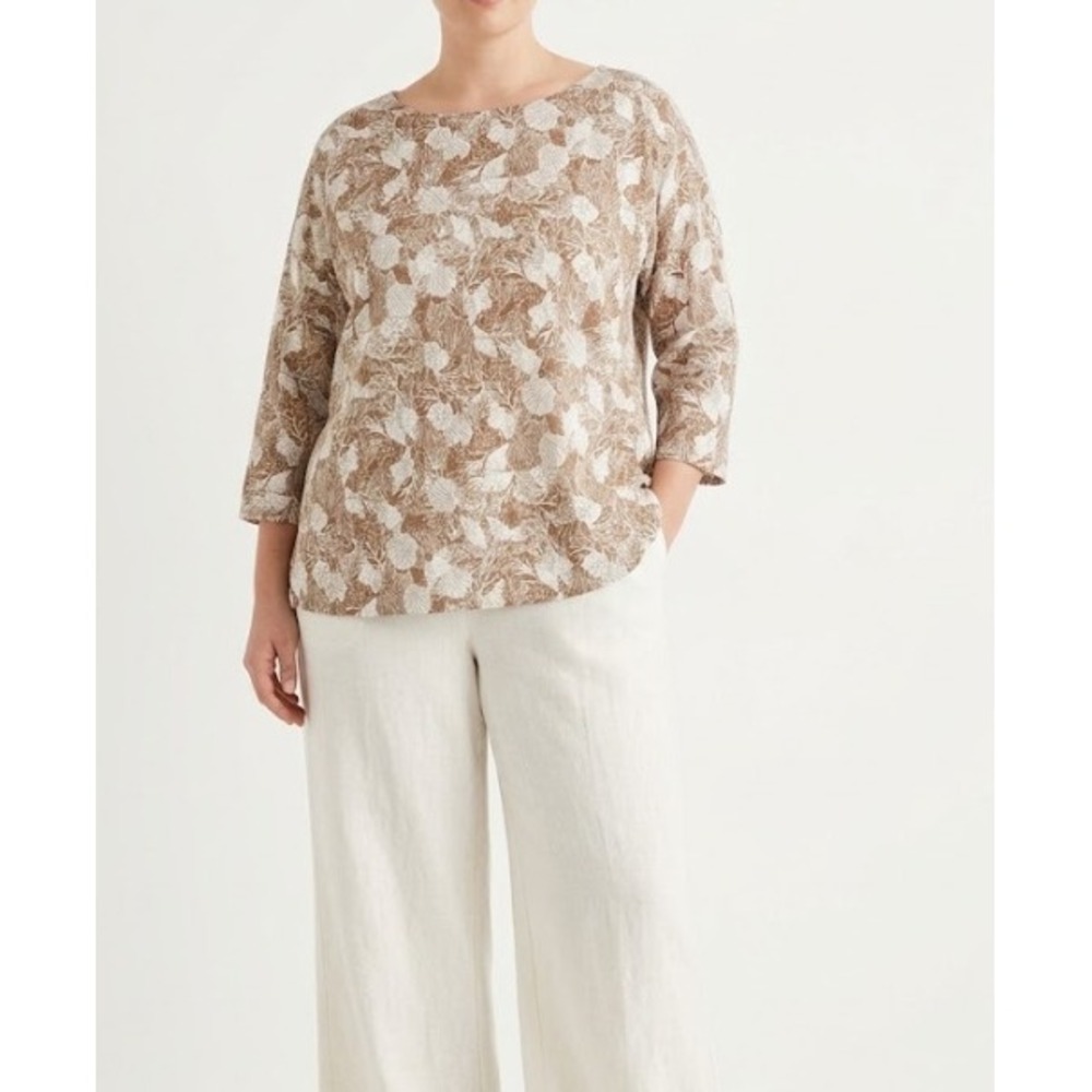 J. Jill Linen Blend Top Large Brown Seashell Print 3/4 Sleeve Coastal Beachy